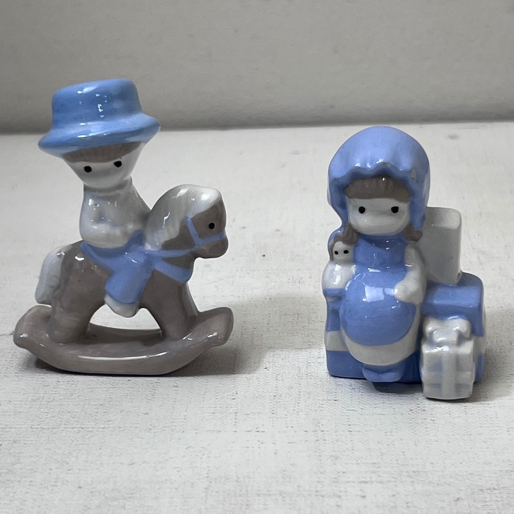 Vintage Ceramic Figurines Boy on Rocking Horse & Girl with Gifts Blue White Set